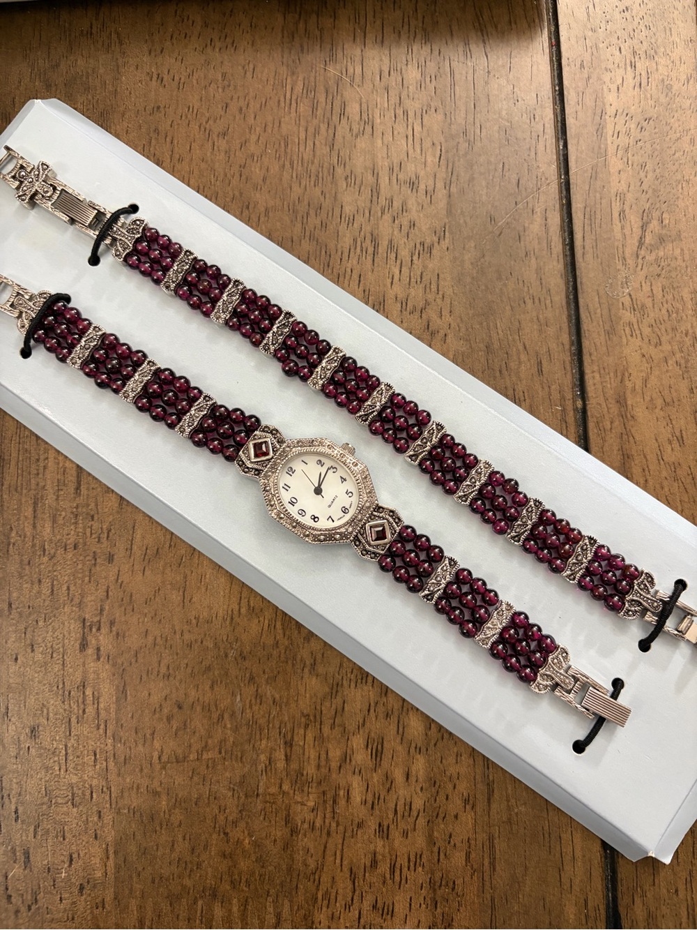 Vintage Avon  Garnet Beaded Bracelet Watch Set NIB